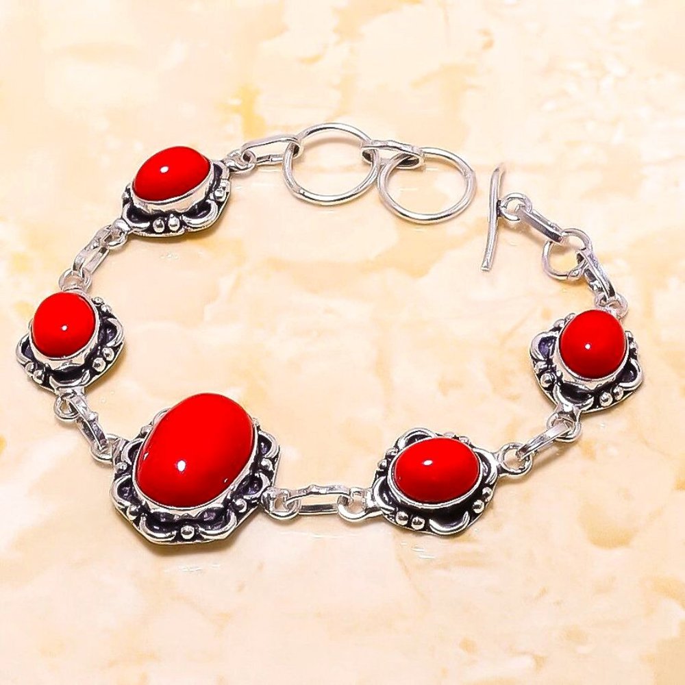 Italian Red Coral Gemstone Silver Bracelet‎